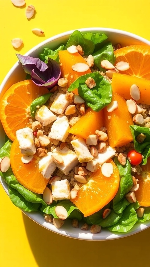 A vibrant chicken quinoa orange salad with greens, oranges, chicken, and almonds in a bowl.